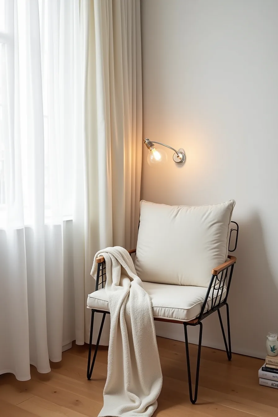 Iron chair with removable zippered cushion cover and throw blanket in a rental apartment.