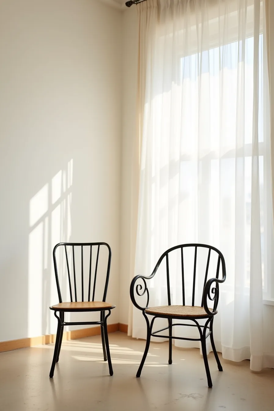 Simple and ornate iron chairs displayed side by side on concrete flooring.