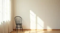 Iron chair with spindle back casting a sharp shadow on a neutral wall.