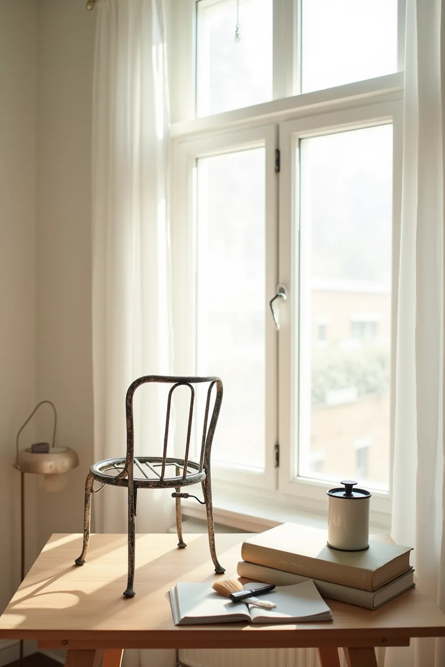 Vintage iron chair showing patina with touch-up paint, brush, and maintenance cloth nearby.