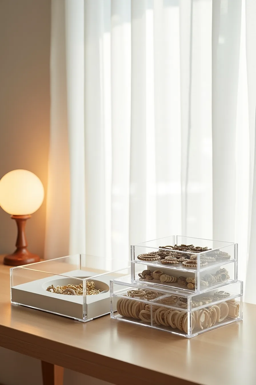 Three stacked transparent acrylic boxes containing coiled necklaces, sorted rings in compartments, and layered bracelets.