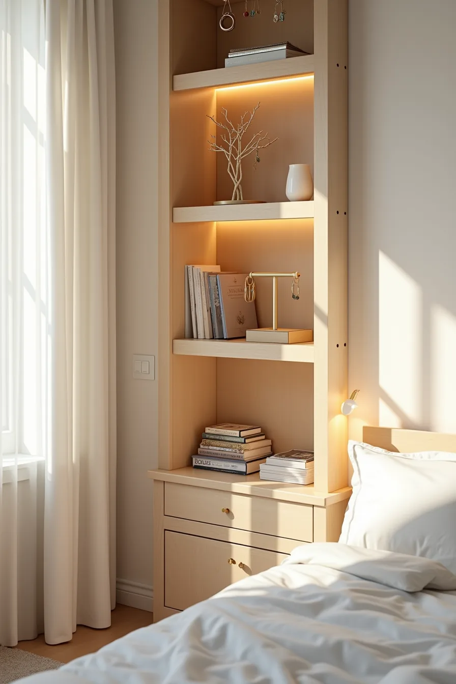 Three glass-fronted closet shelves displaying a rotating necklace tree, earring cards, and stacked bracelets on jewelry