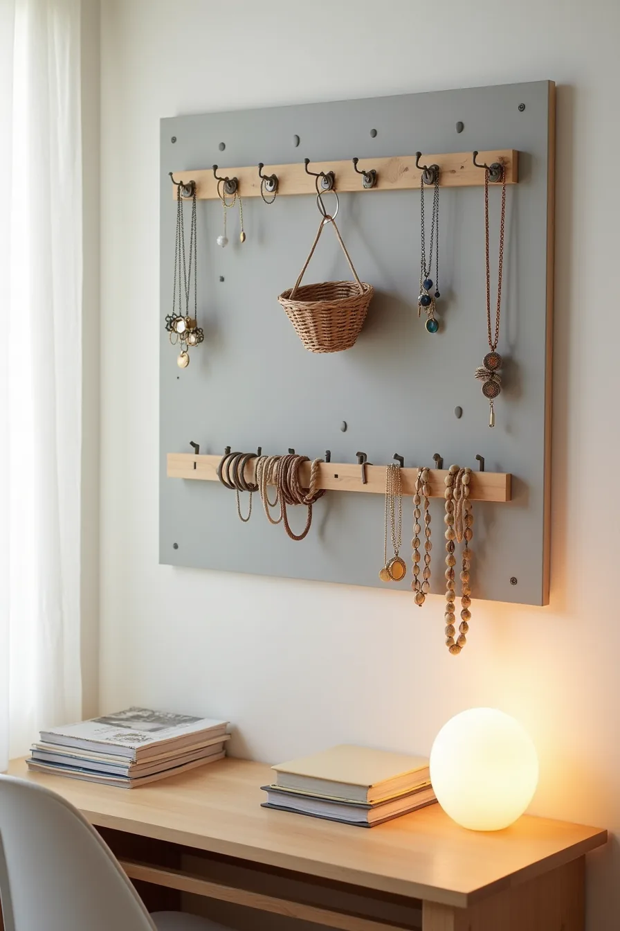 Gray pegboard wall display with S-hooks holding necklaces, woven baskets for rings, and a wooden rod for bracelets.