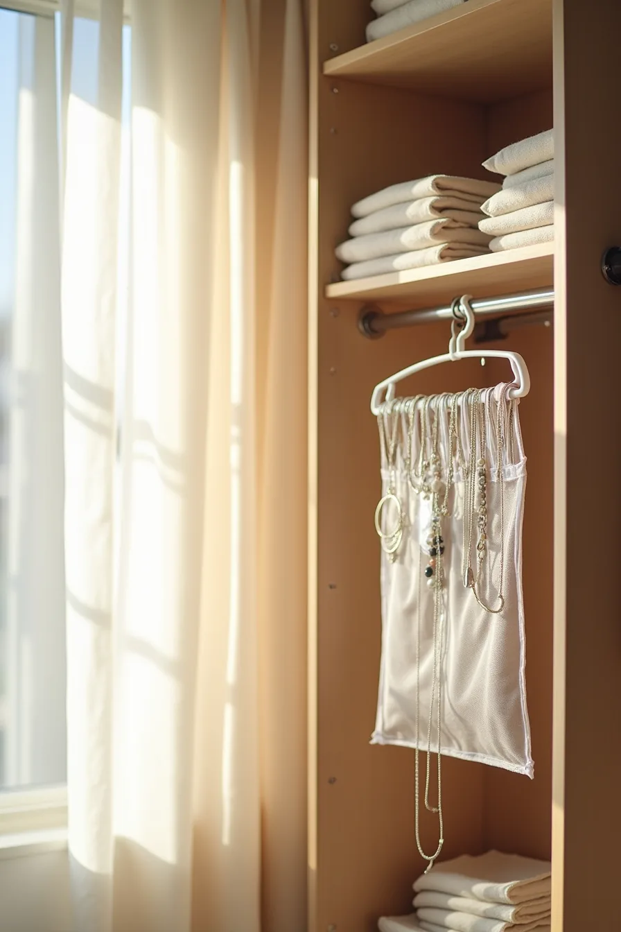 Metal hanging organizer with clear vinyl pockets suspended from a closet rod, storing necklaces, bracelets, and scarves.