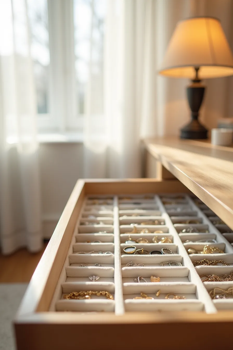 Shallow drawer with plastic dividers organizing earrings, delicate chains, and pendant necklaces into separate compartments.