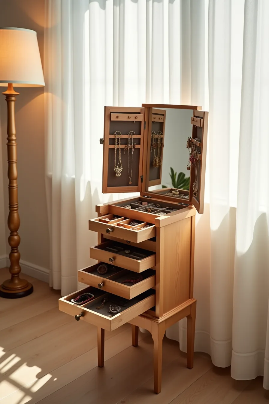 Open wooden jewelry armoire displaying multiple velvet-lined pull-out trays filled with necklaces, bracelets, and earrings.