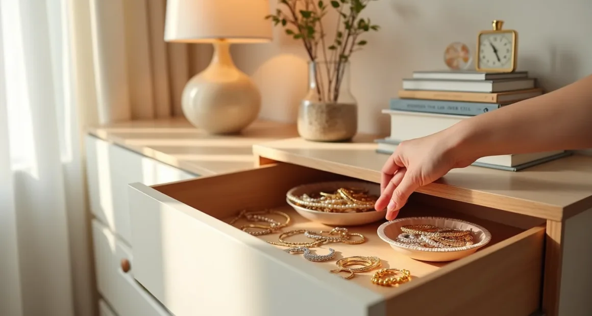 Hand inserting a rose-gold stackable tray into a wooden drawer filled with gold bracelets, pearl necklaces, and silver rings.