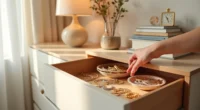 Hand inserting a rose-gold stackable tray into a wooden drawer filled with gold bracelets, pearl necklaces, and silver rings.
