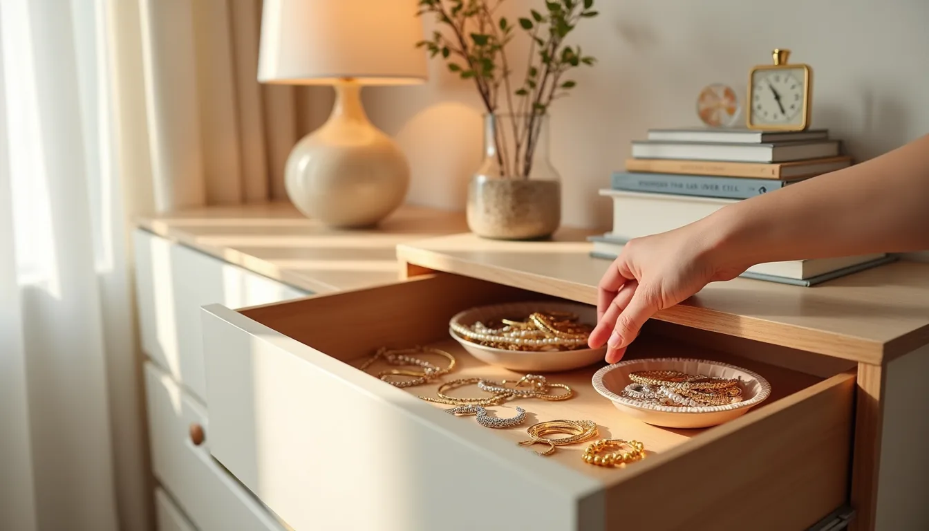 Hand inserting a rose-gold stackable tray into a wooden drawer filled with gold bracelets, pearl necklaces, and silver rings.