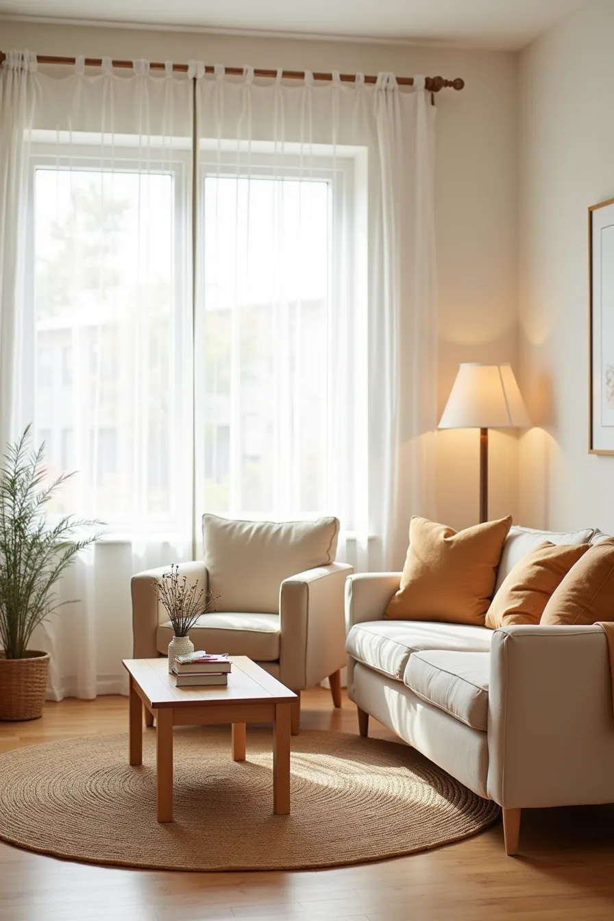 Living room with a cream sofa and linen armchair on a jute rug, wood coffee table, and throw pillows.