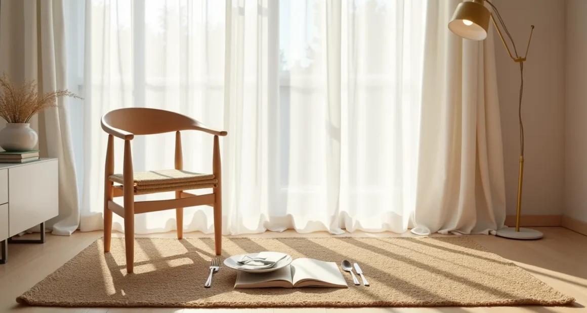 Overhead view of a tan jute rug on wood flooring with a dining chair and place setting on its surface.