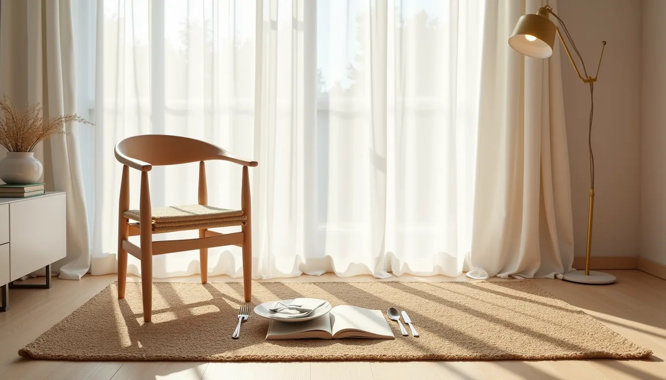Overhead view of a tan jute rug on wood flooring with a dining chair and place setting on its surface.