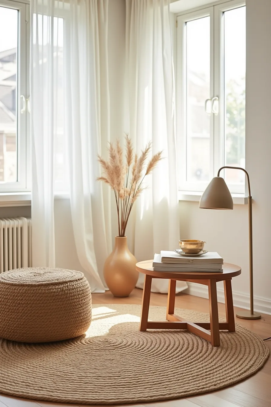 Layered rugs with a patterned rug on top of jute, featuring a woven pouf and wooden side table.