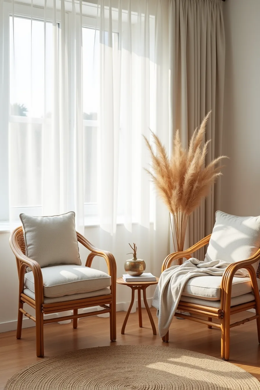 Living room with rattan armchairs on a jute rug, linen throw, and a glass vase with dried grasses on a side table.