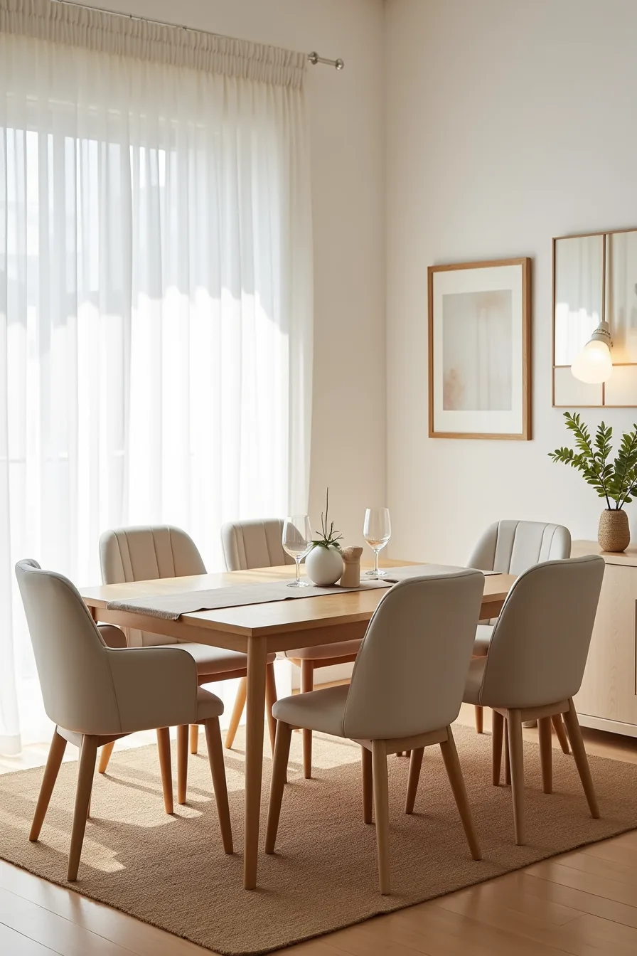 Rectangular dining table on a jute rug surrounded by four upholstered chairs, with table runner and glassware on top.