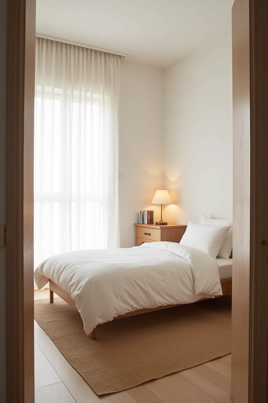 Twin bed with white bedding on a jute rug in a bedroom corner, flanked by a nightstand and dresser.