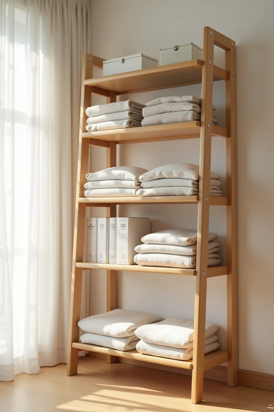 Modular shelving system with adjustable pegs and metal brackets holding folded clothes on three shelves at different heights.