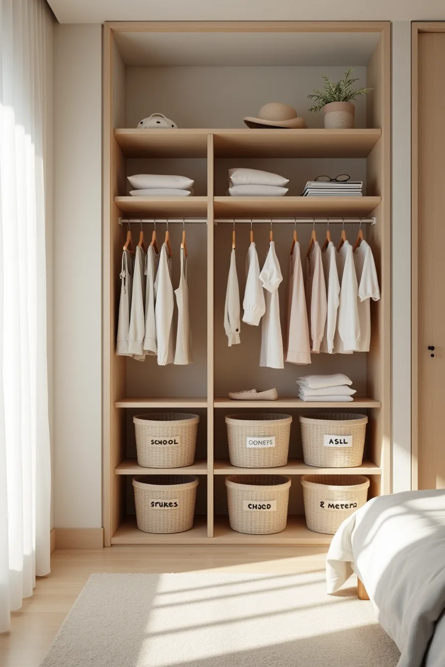 Organized wardrobe interior divided into three sections: hanging school clothes, folded weekend wear, and labeled baskets
