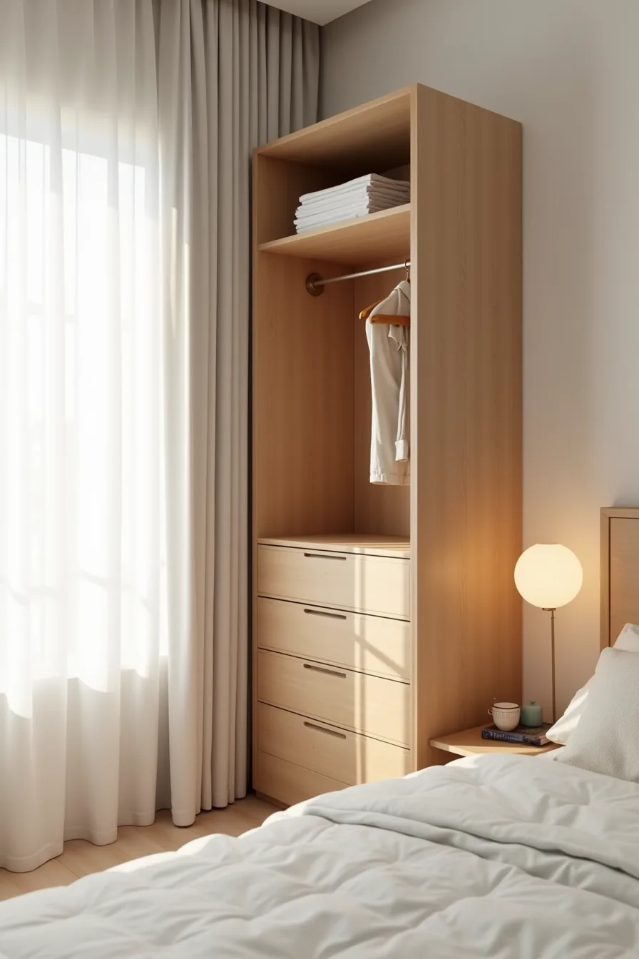 Corner wardrobe unit with hanging space, shallow shelves above, and base drawers fitted into corner meeting two walls.