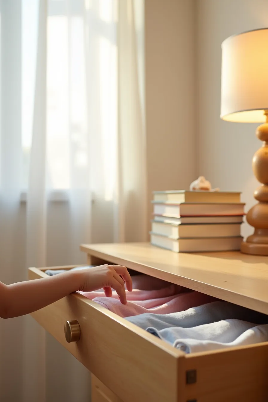 Child reaching toward an open dresser drawer filled with rolled t-shirts at accessible height.