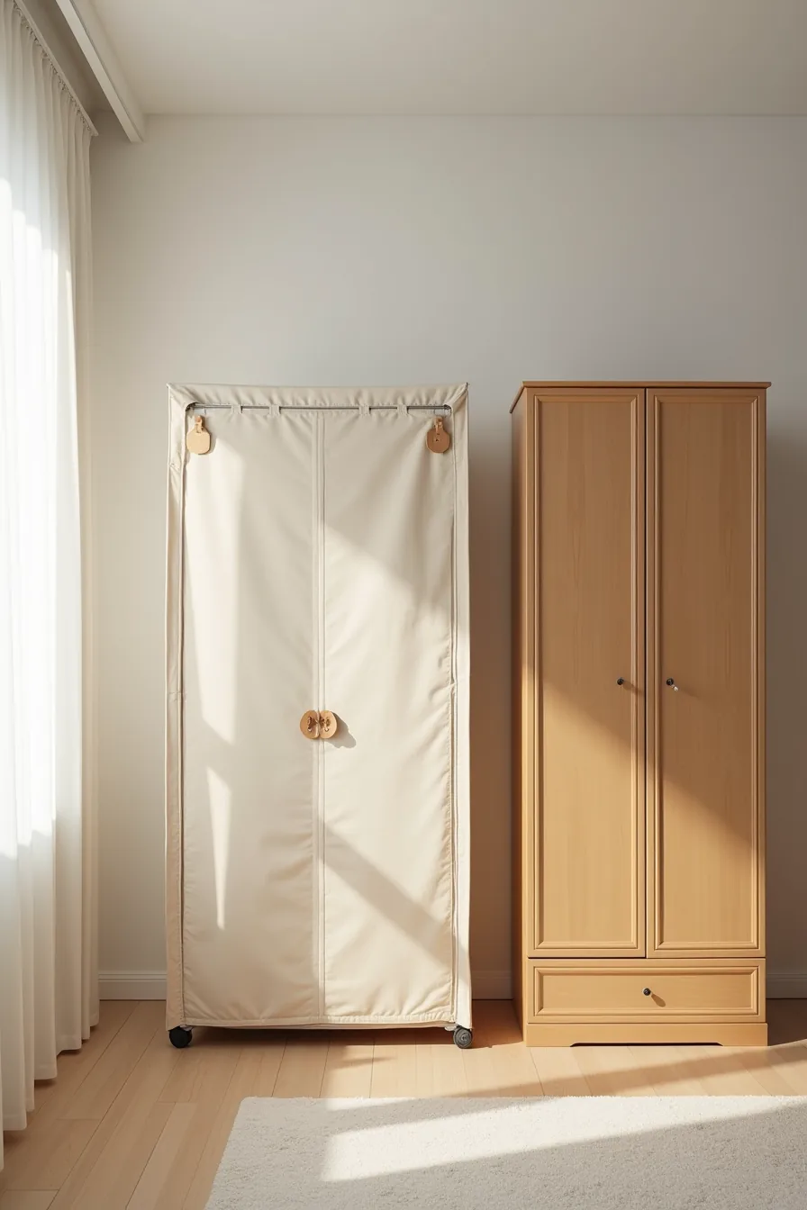 Three storage options displayed side by side: canvas wardrobe, metal rail system, and solid wood wardrobe with dovetail