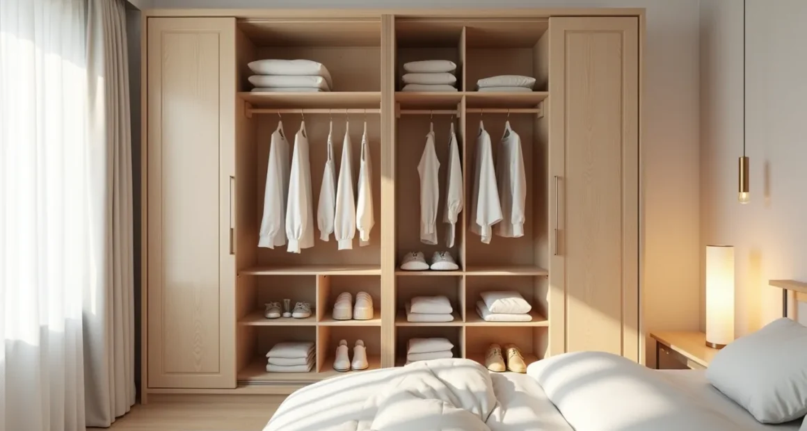 Open wardrobe with lower, middle, and upper hanging rails and cubby shelves at different heights for mixed-size storage.