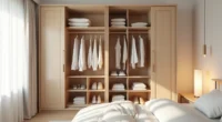 Open wardrobe with lower, middle, and upper hanging rails and cubby shelves at different heights for mixed-size storage.