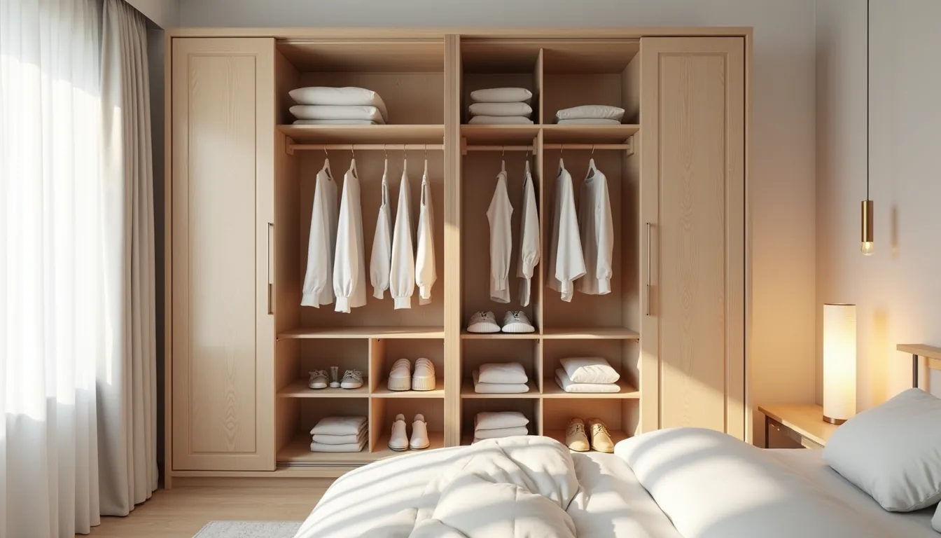 Open wardrobe with lower, middle, and upper hanging rails and cubby shelves at different heights for mixed-size storage.
