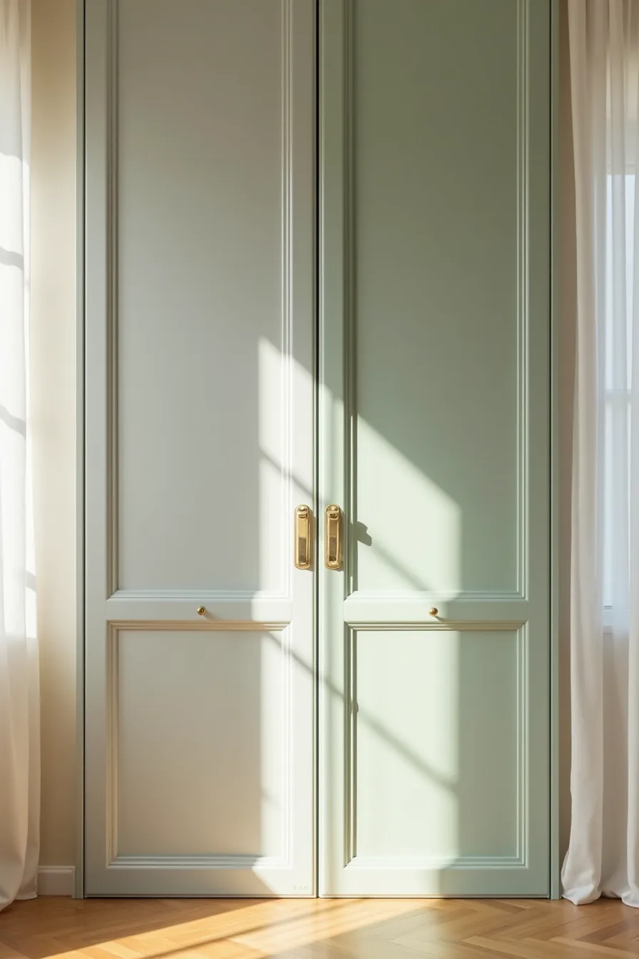 Two wardrobe doors side by side—one gray lacquered and one sage green painted with visible wear and scuff marks.