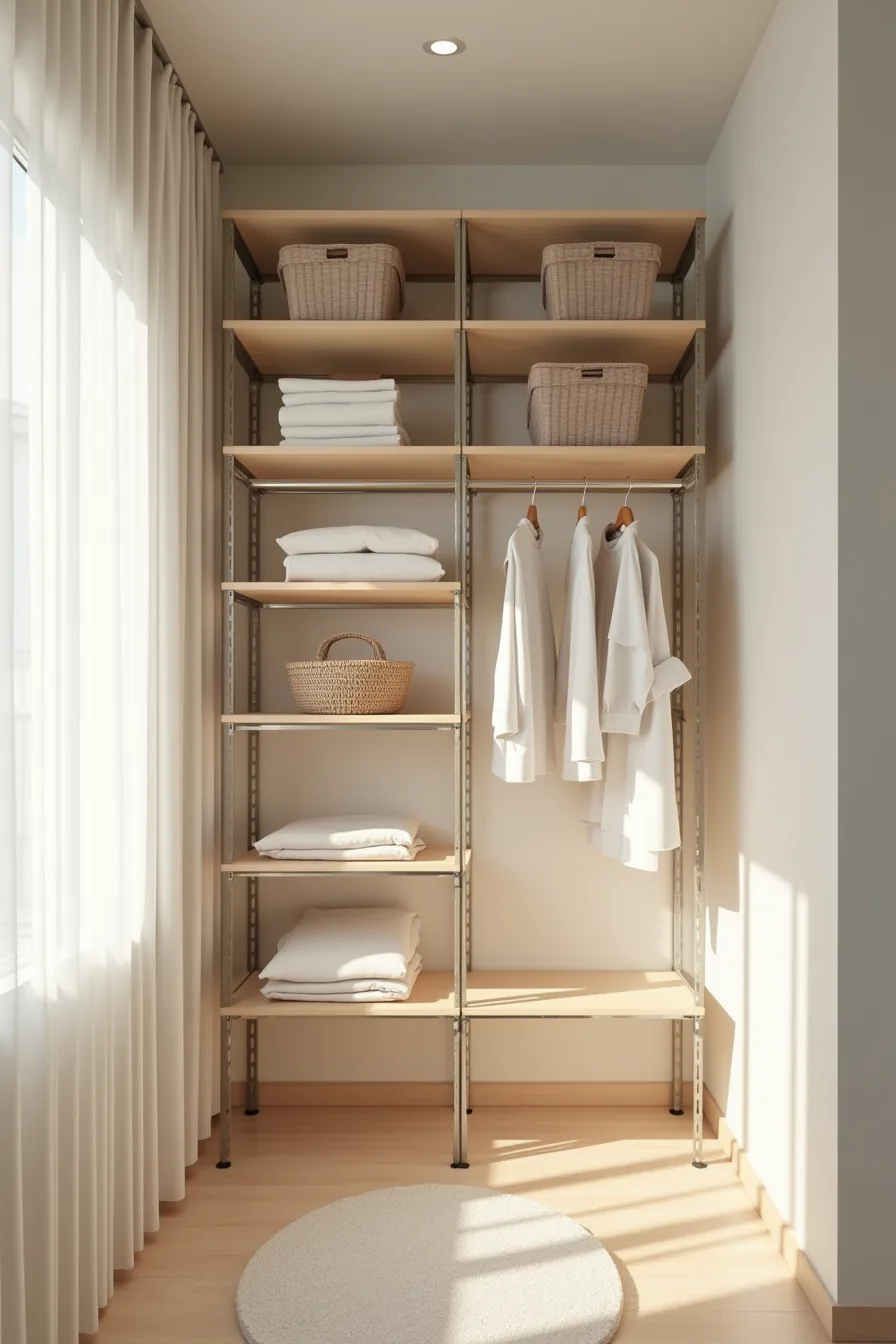 Metal shelving unit with adjustable shelves at different heights, hanging rod on one side, storage bins and folded clothing