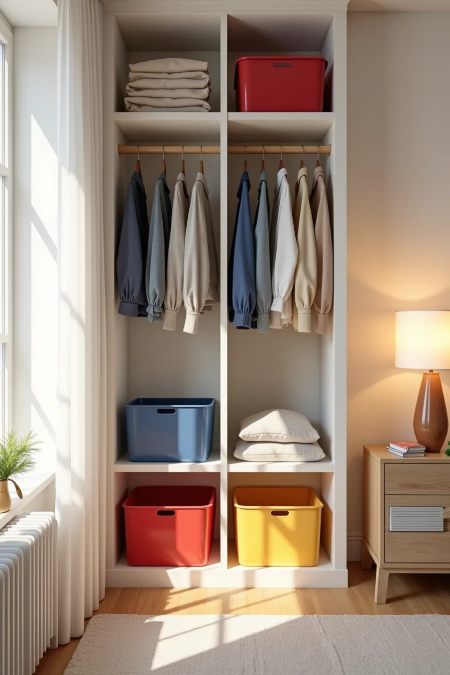 Three wooden shelves each featuring color-coordinated storage bins—red, blue, and yellow—with clothing and accessories