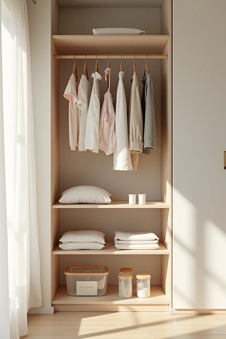 Two-tier hanging system with dresses on upper rod and pants on lower rod, wooden shelves between them storing rolled