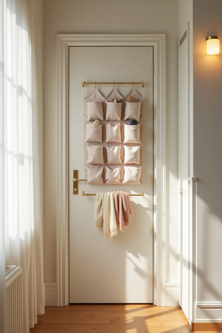 Over-the-door organizer with pockets holding small items, and a tension rod below the frame draped with scarves.