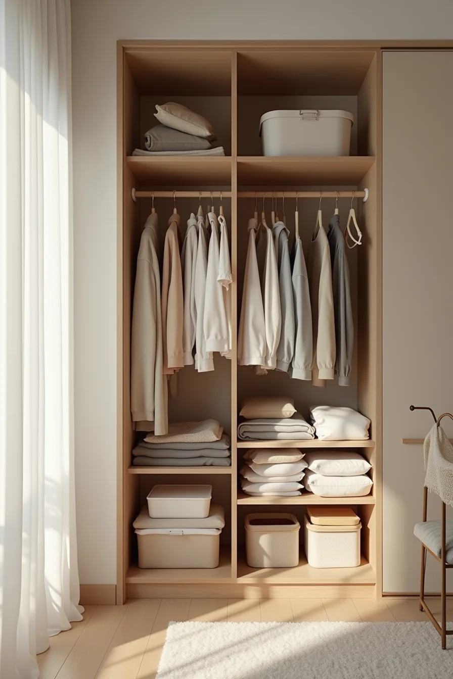 Disorganized closet with overstuffed shelves, a sagging hanging rod, overflowing bins spilling onto the floor, and