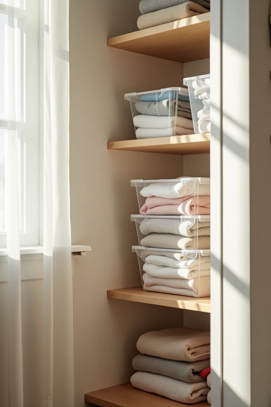 Clear plastic storage bins stacked on a wooden shelf, each holding neatly folded socks, underwear, and accessories.