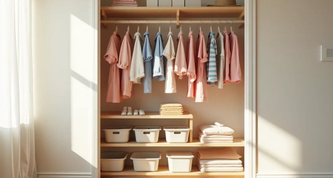 Closet with two hanging rods at different heights, colorful clothes hanging, and open shelves with folded items and storage