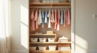 Closet with two hanging rods at different heights, colorful clothes hanging, and open shelves with folded items and storage