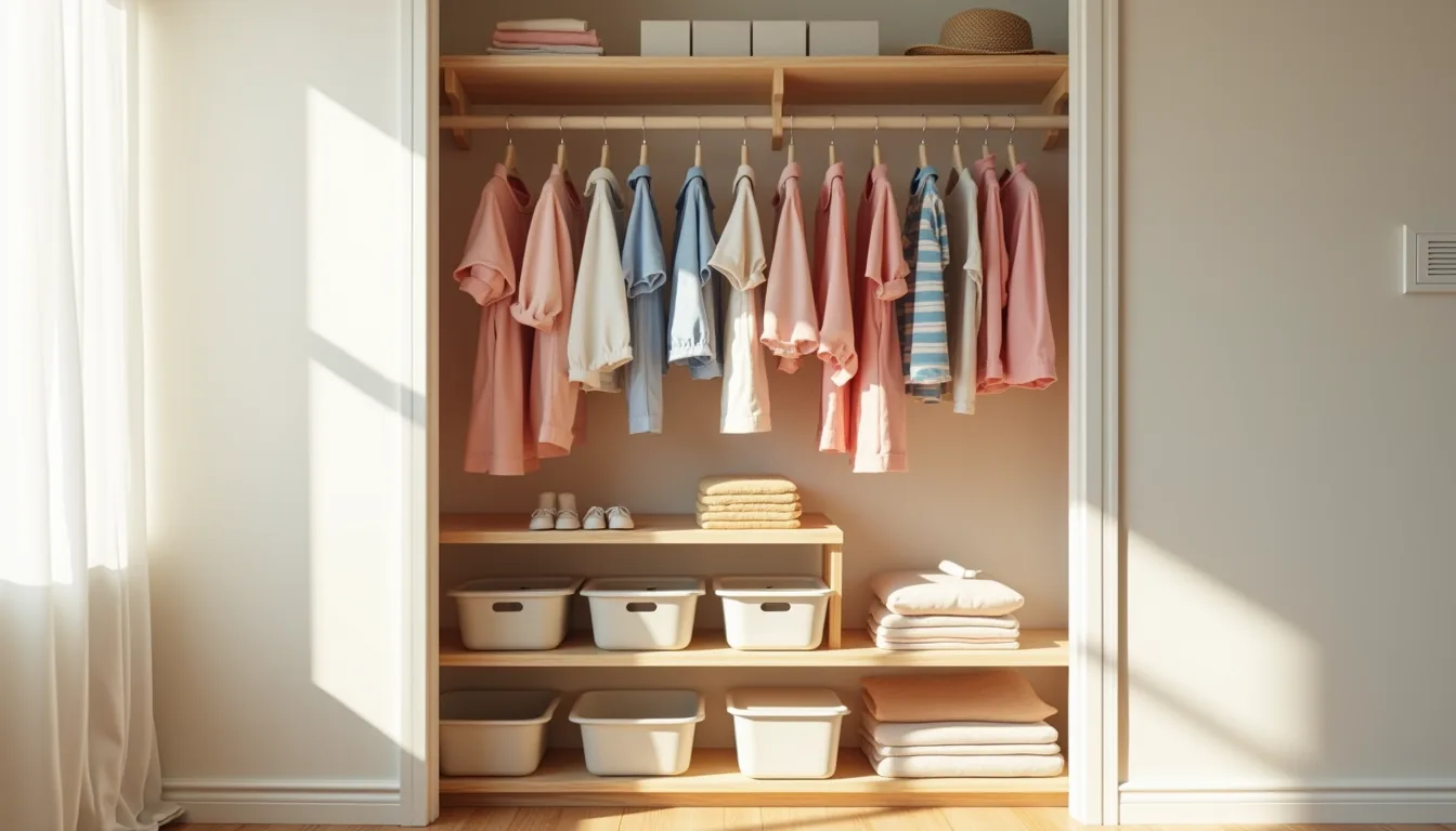 Closet with two hanging rods at different heights, colorful clothes hanging, and open shelves with folded items and storage