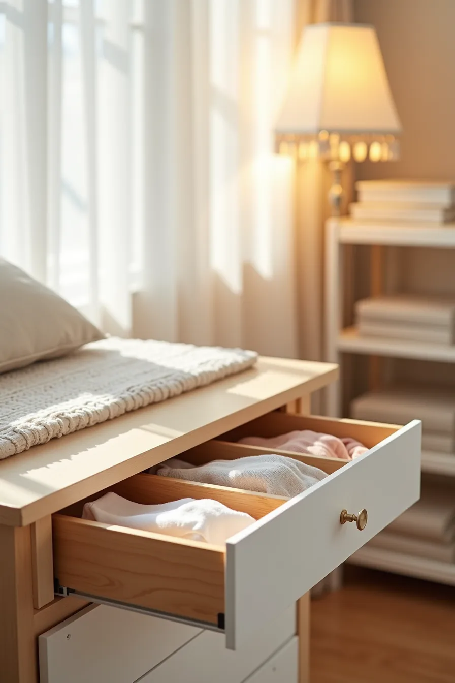 Shallow drawer with wooden dividers organizing paired socks, undergarments, and hair clips in separate compartments.