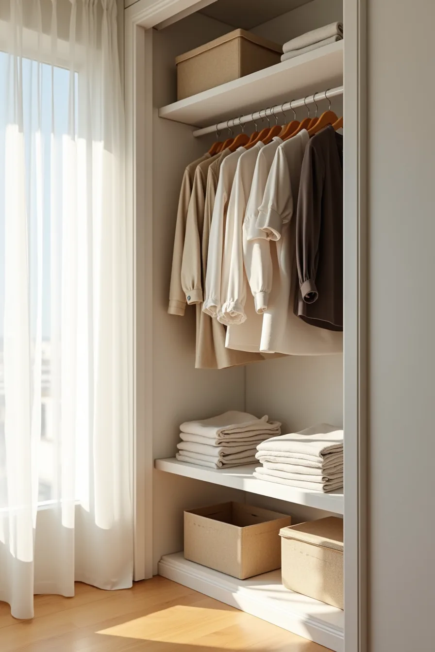 Two stacked hanging rods with full-length dresses and jackets on upper rod, folded shirts and pants on lower rod.