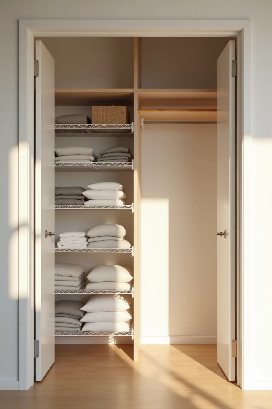 Side-by-side comparison of modular wire shelving with metal brackets versus basic wooden shelf with single rod.