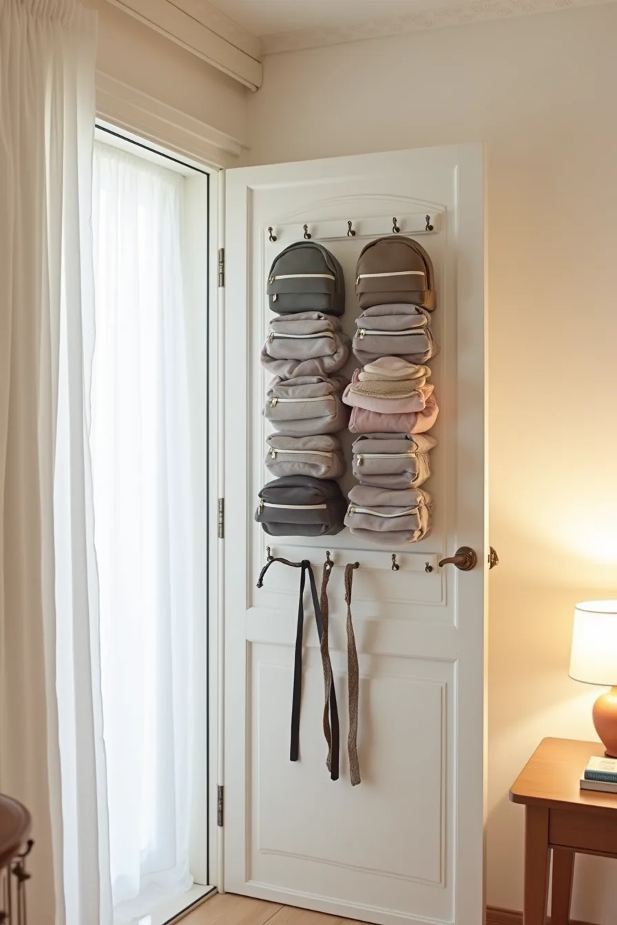 White closet door with clear-pocket organizer holding folded sweaters and six metal hooks with backpacks and belts.