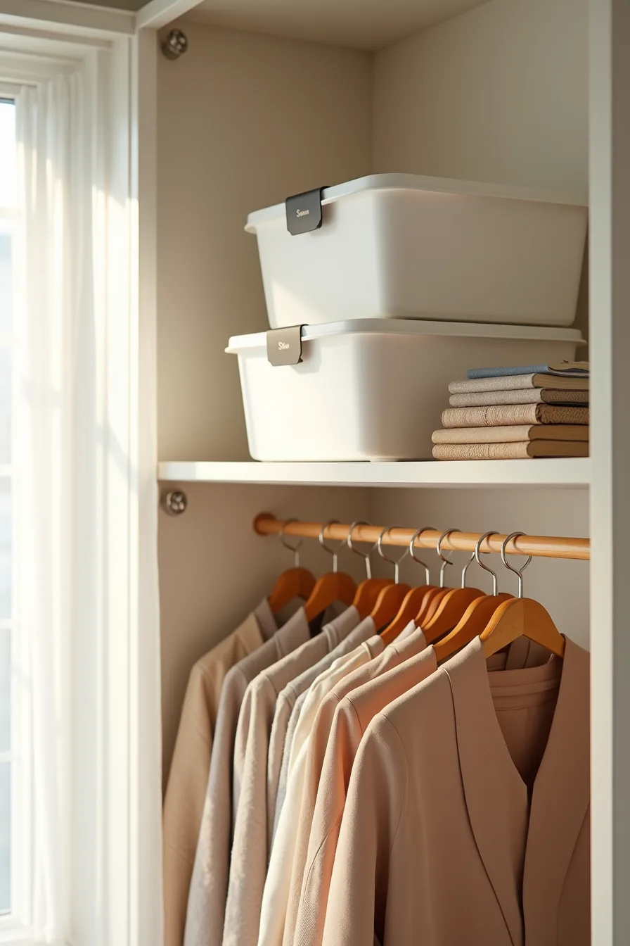 Three large stacked plastic storage bins for seasonal items on upper shelf with current-season clothing below.