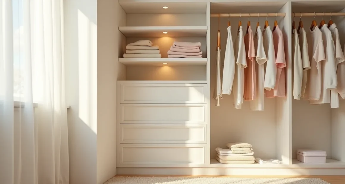 Wall-mounted shelving unit with stacked folded clothes, colored plastic bins, and a wooden dowel rod at child height.