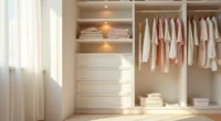 Wall-mounted shelving unit with stacked folded clothes, colored plastic bins, and a wooden dowel rod at child height.