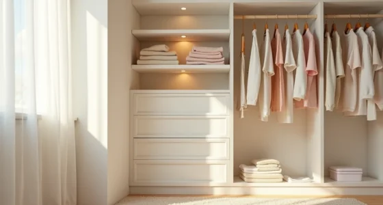 Wall-mounted shelving unit with stacked folded clothes, colored plastic bins, and a wooden dowel rod at child height.