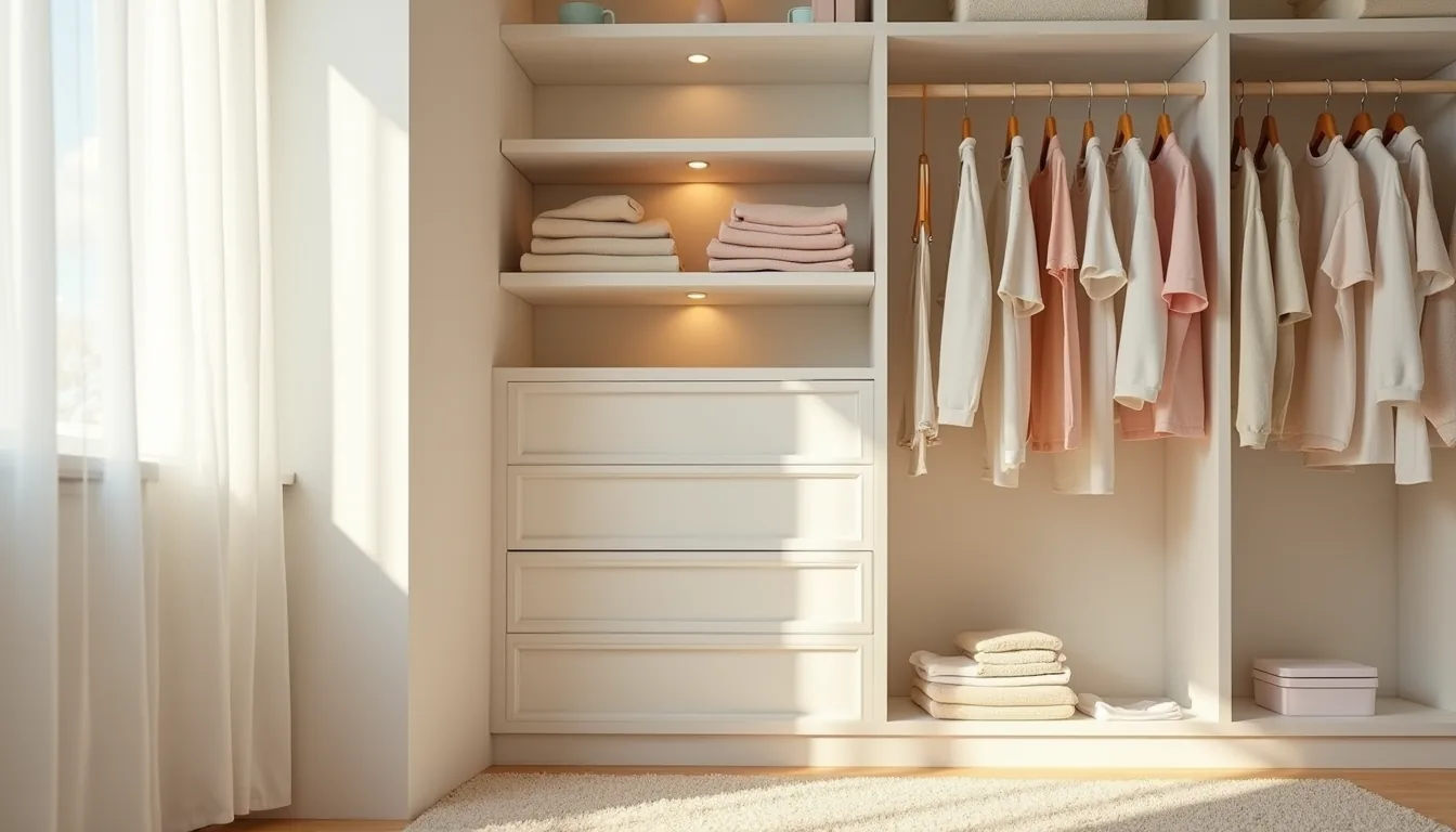 Wall-mounted shelving unit with stacked folded clothes, colored plastic bins, and a wooden dowel rod at child height.