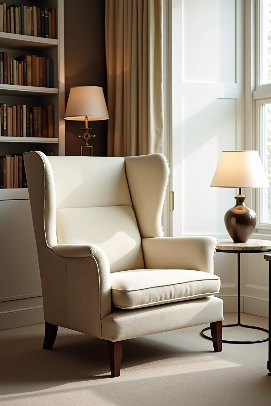 Luxury wool wingback chair with visible hand-tied spring base in a formal library with built-in shelving and marble table.
