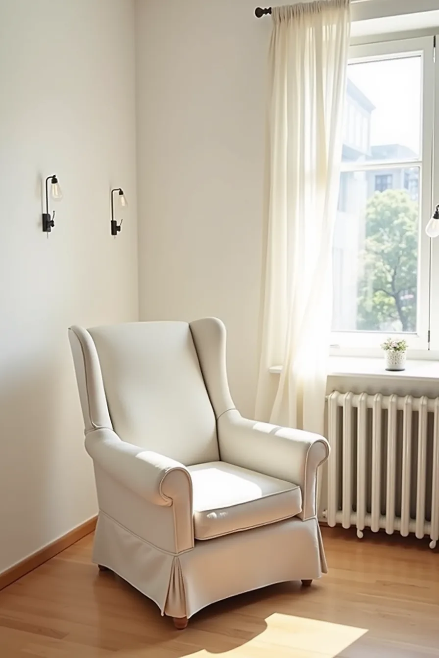 High-back chair with natural canvas slipcover against a rental wall with adhesive hooks holding a throw blanket.
