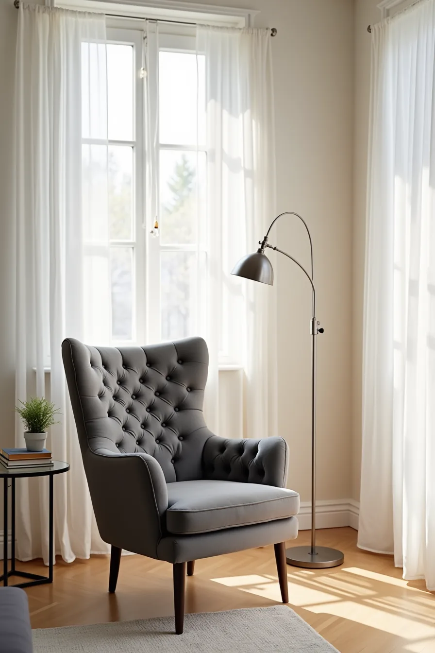 Charcoal linen high-back chair with button tufting positioned beside a glass table and modern floor lamp.